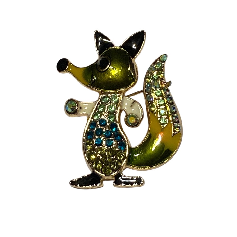 Green Enamel Fox Brooch Gold Tone Rhinestone Woodland Animal Pin Accessory